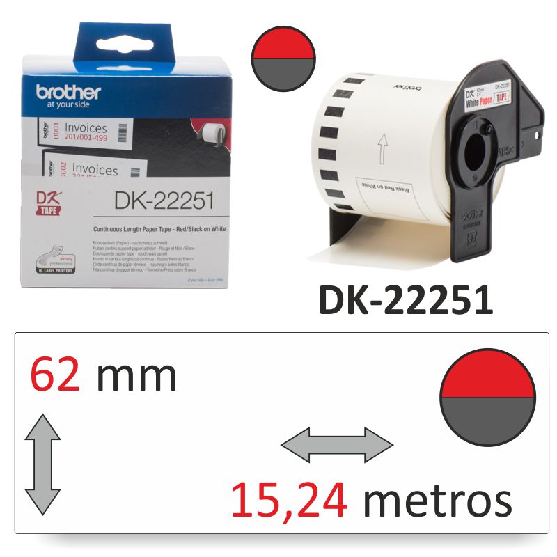 Comprar Etiquetas Brother DK-22251 62 mm imprime rojo y negro