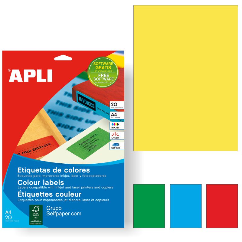 Comprar Etiquetas Din A4 de colores para impresora - papel pegatina