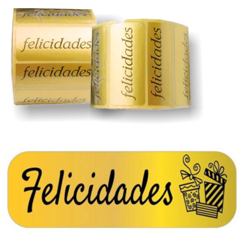 Comprar Rollo Etiquetas Felicidades - metalizadas oro doradas 250 u
