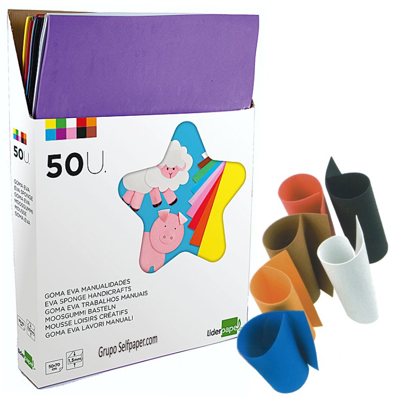 Expositor de goma Eva, caja 50 láminas colores 50x70 cms