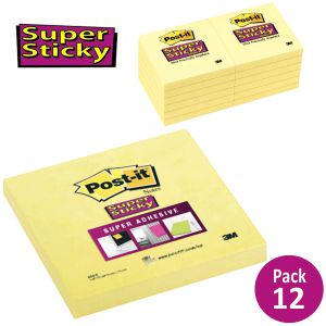 Notas Post-it 654S Super Sticky, Extra fuertes, Pack 12 uds