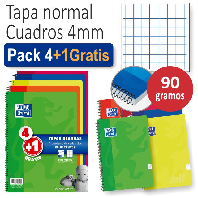 pack 4+1 gratis cuadernos oxford colores 90 gramos