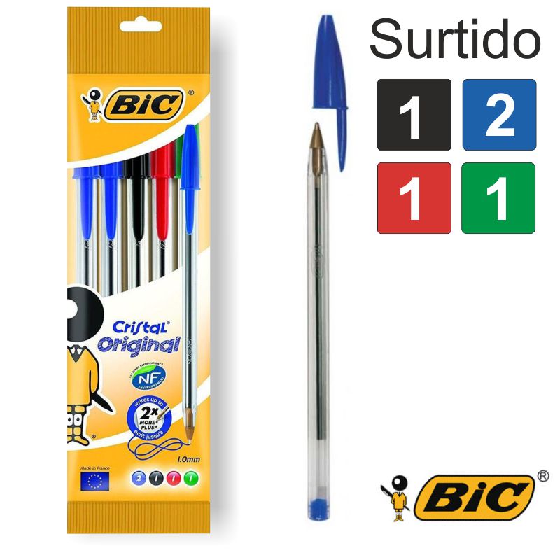 pack con 5 bolígrafos bic cristal colores surtidos