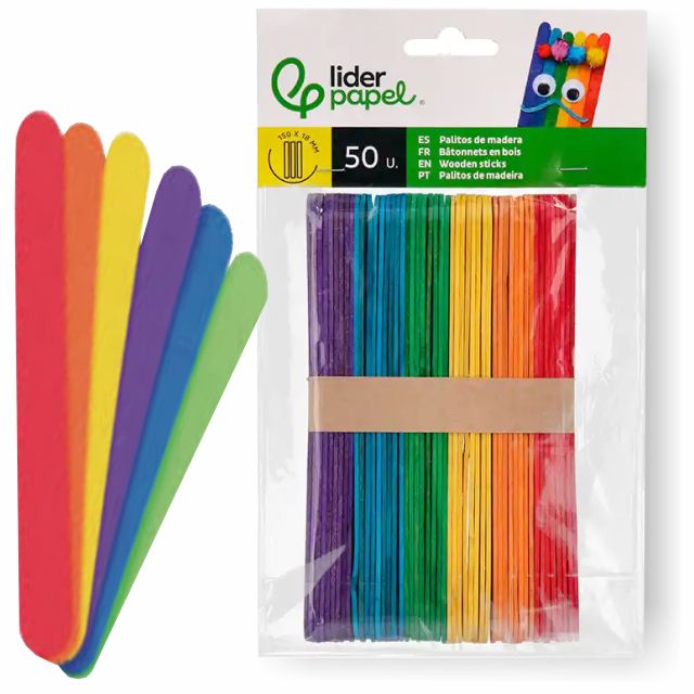 Palitos de polo de colores para manualidades, Pack 50 palos