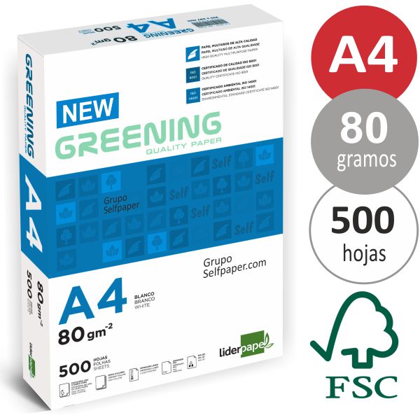 Comprar Papel Din A4 80 gramos New Greening, folios blancos