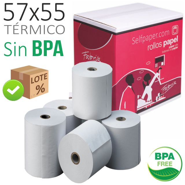 Comprar Rollos papel térmico 57x55x12 registradora, balanza, sin BPA
