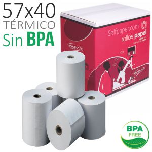 Rollos papel térmico 57x40x12 TPV, tarjeta recargas, Sin BPA