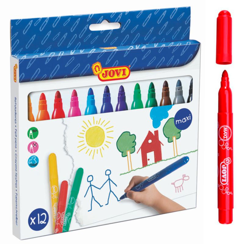 Tradineur - Caja de 12 rotuladores finos de colores para niños, marcadores  con punta resistente, material escolar, colores vivos