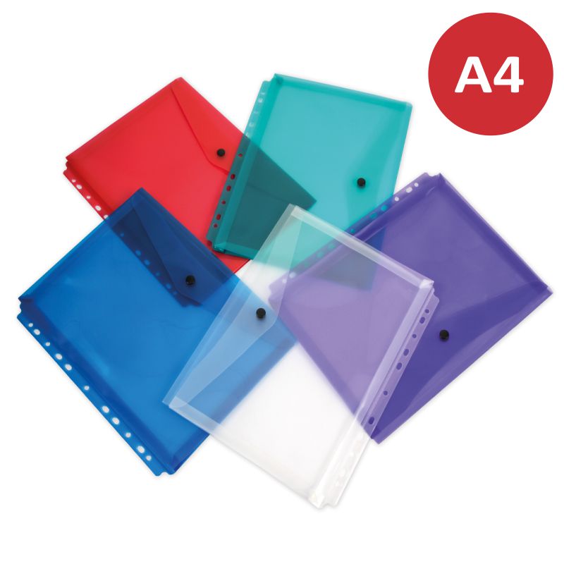 Comprar Sobres plástico broche botón A4 Multitaladro Pack 5 Colores