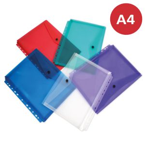 Sobres plástico broche botón A4 Multitaladro Pack 5 Colores